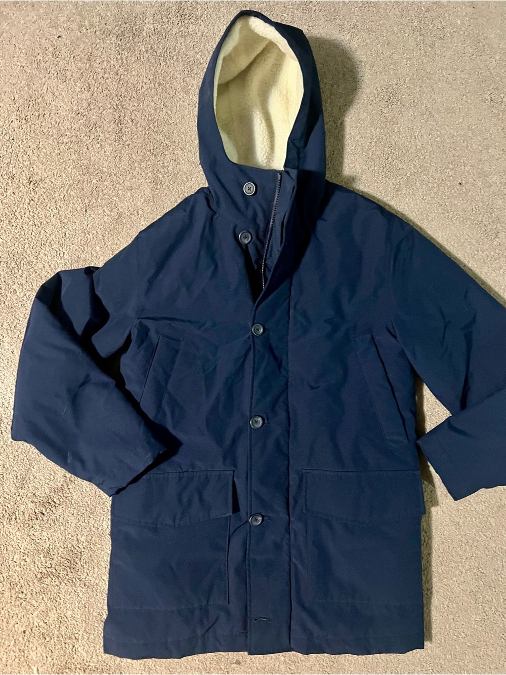 J. Crew Navy Hooded Coat with Cream Sherpa Lining